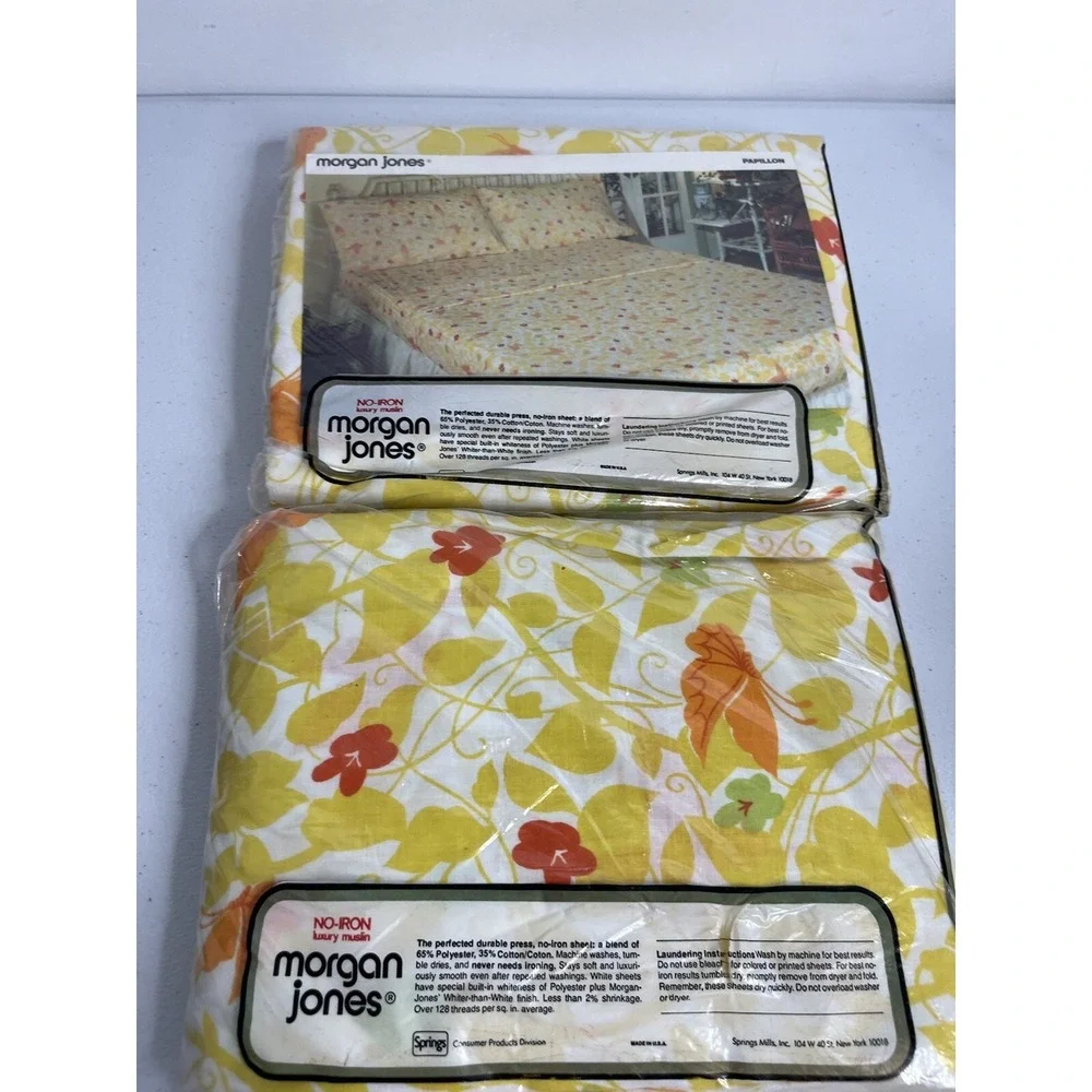 Vtg Morgan Jones Full‎ Flat And Fitted Sheet Set Yellow Floral With Butterflys